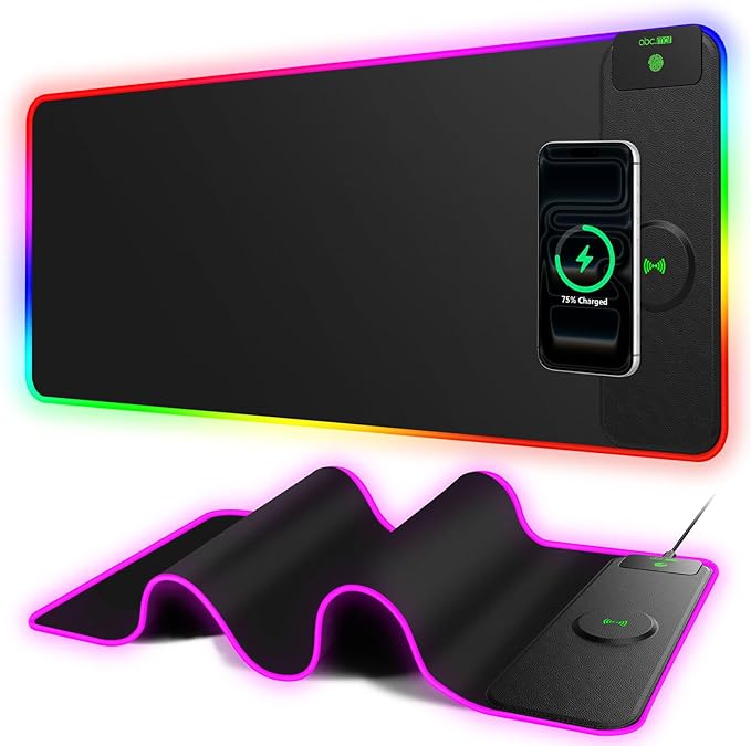 RGB Gaming Mouse Pad with 15W Magnetic Wireless Charger, 31.5'' x 11.8'' Large LED Desk Mat, 24 Lighting Effects Keyboard Pad with Non-Slip Rubber Base, Waterproof Ultra-Smooth Surface