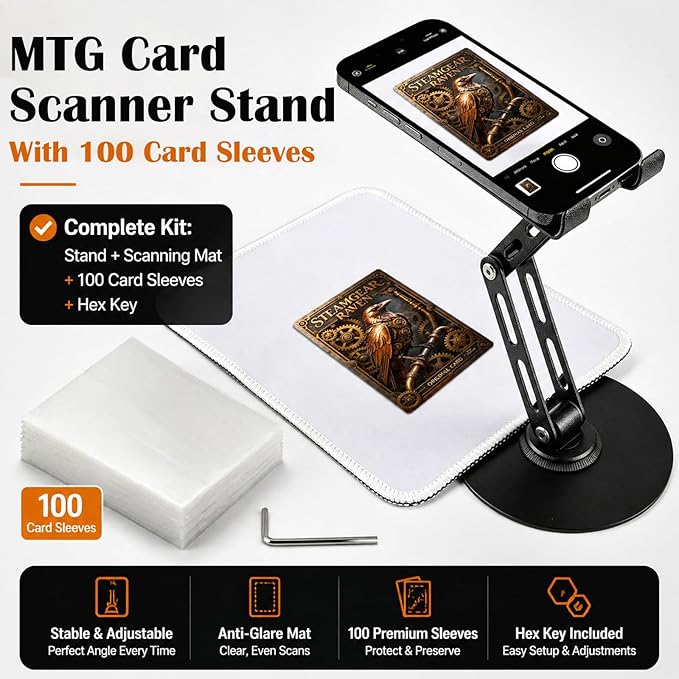 Foldable Trading Card Scanner Stand, Carbon Steel Phone Holder with Scanning Pad and 100 Standard Sleeves, for Sleeved/Unsleeved Collectible Cards, Compatible with iOS and Android