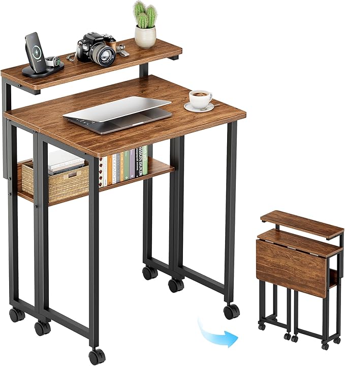 GreenForest Folding Desk with Adjustable Monitor Stand and Storage Shelf, 24.8in Small Desk with Wheels, Mobile Rolling Table for Small Spaces, Home Office, Walnut
