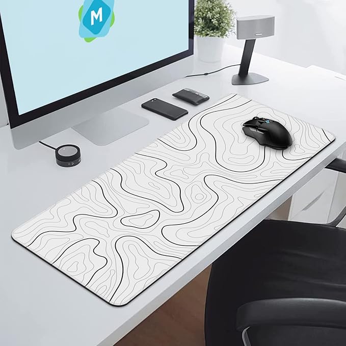 DIGSOM Mouse Pad Gaming Mousepad 31.5 x 11.8 in Large Mouse Pad for Keyboard and Mouse with Anti-Slip Rubber Base, Keyboard Pad XL Mouse Mat for Home and Office(White with Black Topographic Line)