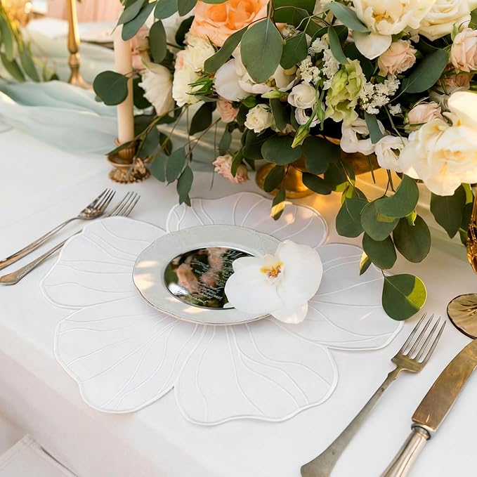 Moukeren Set of 6 Elegant Floral Placemat 16'' Flower Shaped Place Mat Flower Embroidery Table Mat for Wedding Bridal Shower Baby Shower Tea Party Kitchen Dining Table Decor(White)
