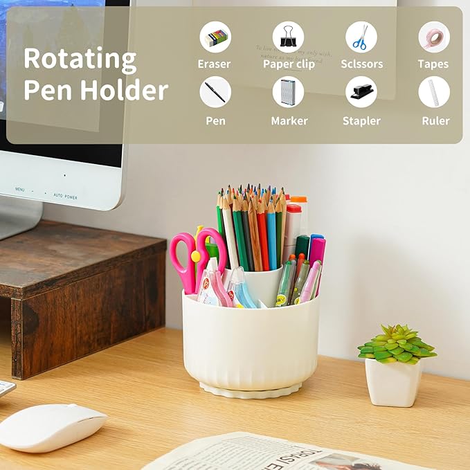 Marbrasse Desk Organizer, 360-Degree Rotating Pen Pencil Holder, Desk Organizers and Accessories with 5 Compartments Pencil Organizer, Art Supply Storage Box Caddy for Office, Home(Beige)