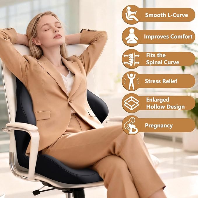 Seat Cushion with Back Support,Lumbar Support Pillow for Office Chair,office chair cushion for Sciatica and Hemorrhoid Relief,Tailbone Pain，Memory Foam Seat Cushion with L-Shaped Ergonomic Design