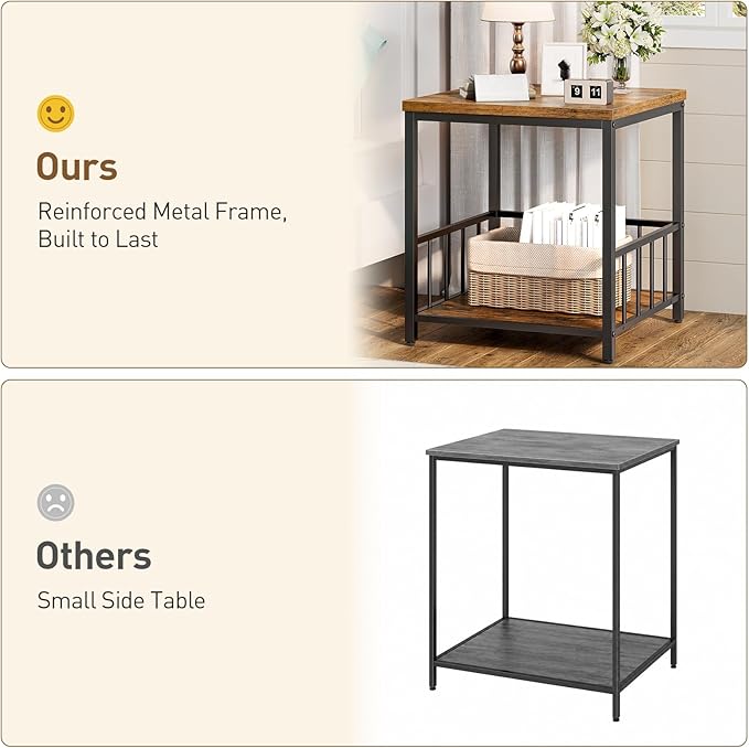 RALGEND End Table, Mini Fridge Stand with Storage, 20" Mini Fridge Cabinet with 2-Tier Storage Shelves, Mini Fridge Table Adjustable Feet, for Kitchen, Living Room, Rustic Brown and Black 5001RSBF
