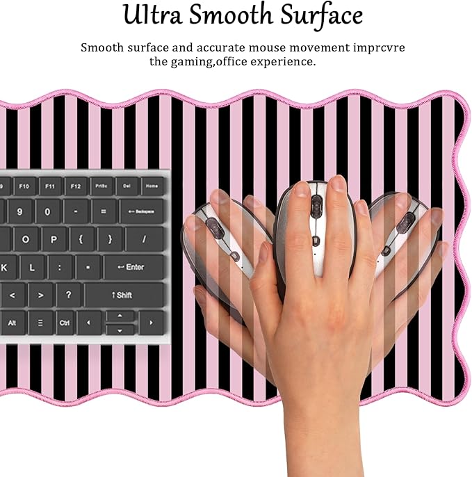 Scalloped Desk Mat Extended Large Cute Striped Mouse Pad Big Desk Pad XXL Aesthetic Stripe Mousepad Gaming Mouse Pad for Keyboard Computer Laptop Home Office Accessories 31.5X15.7Inches Black Pink