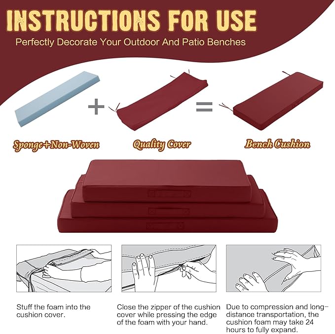 Outdoor Bench Cushion Waterproof with Memory Foam,Patio Bench Cushions for Outdoor/Indoor Furniture Porch Swing Cushion with Handle and Adjustable Strap,Burgundy Red,48x18 Inch