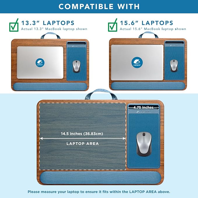 LAPGEAR Home Office Pro Lap Desk with Wrist Rest, Mouse Pad, and Phone Holder - Espresso Blue - Fits up to 15.6 Inch Laptops - Style No. 91622