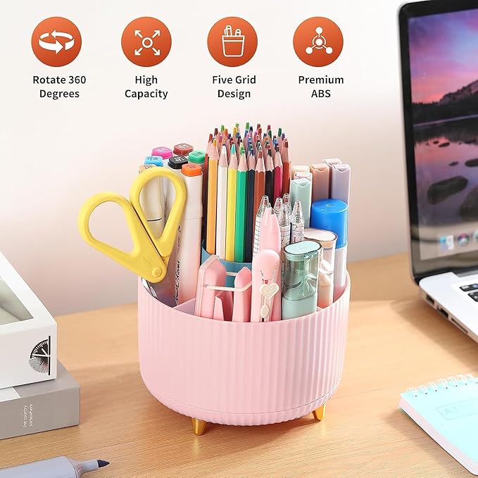 Pencil Pen Holder for Desktop, 360 Degree Rotating Pencil Holder for Desk Organizer, 5 Slots Rotating Desk Pen Organizer for Office School Home, Pink