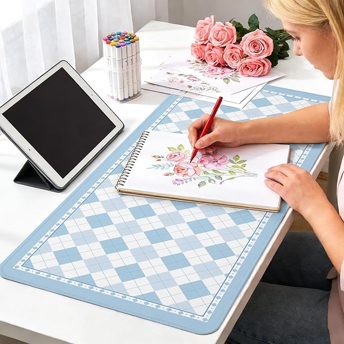 Aesthetic Floral Mouse Pad Large 35.4×15.7 Checkered Blue Desk Mat for Women, Non-Slip Water-Resistant Keyboard Pad for Home Office Gaming