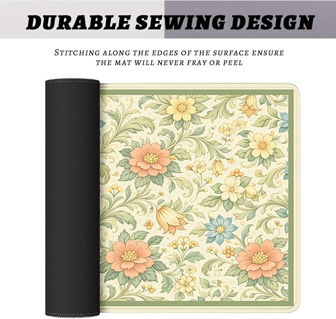 Vintage Floral Mouse Pad Green Botanical Cottage Garden Extended Mousepad Waterproof Stitched Edges Rubber Base Non-Slip Deskmap Computer Keyboard Mat 31.5x11.8 Inch