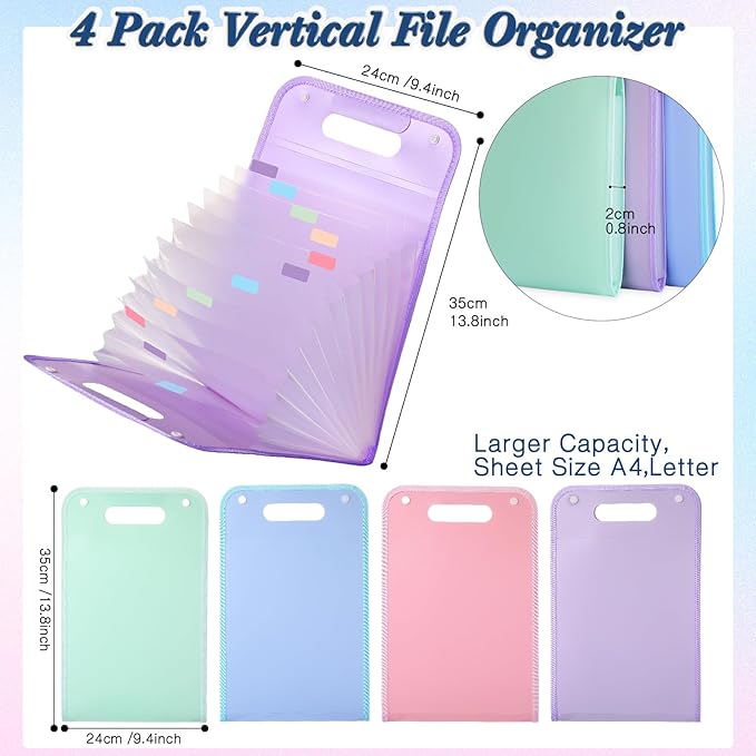 Harloon 4 Pcs Vertical Expanding File Organizer 13 Pockets, A4 Expanding File Folder with Colorful Labels and Expandable Cover Large Capacity for Work School Home Office