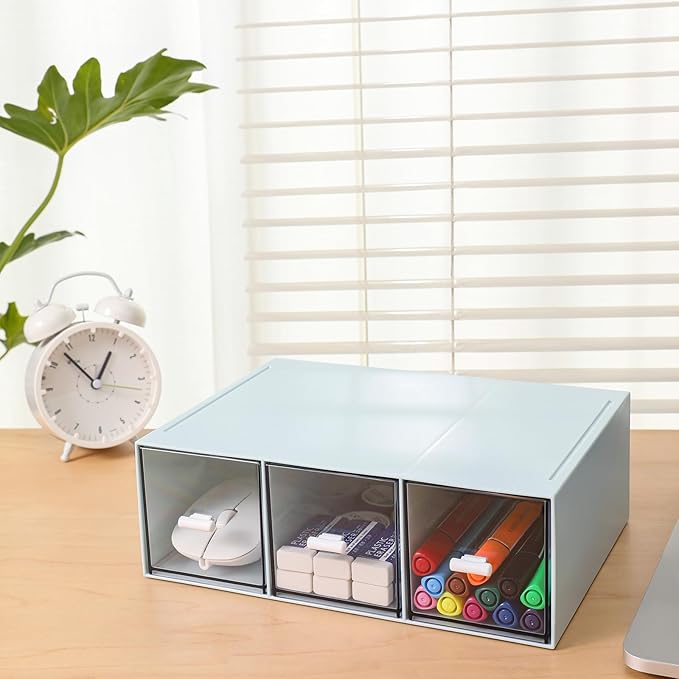 MILULUGO Plastic 3 Drawer Organizer for Cosmetic Storage, Desk Organizer, Makeup Organizer for nail polish, Lipstick, Brushes, Jewelry, Skincare, Bathroom Organization Boxes - Blue