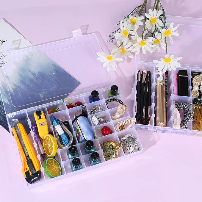 Umirokin Small Parts Organizer Box 2 Pack, 36 Grid Bead Organizer with Adjustable Dividers, Plastic Organizer Box for Screws, Jewelry Making, Craft Storage, Fishing Tackle, Clear Compartment Container