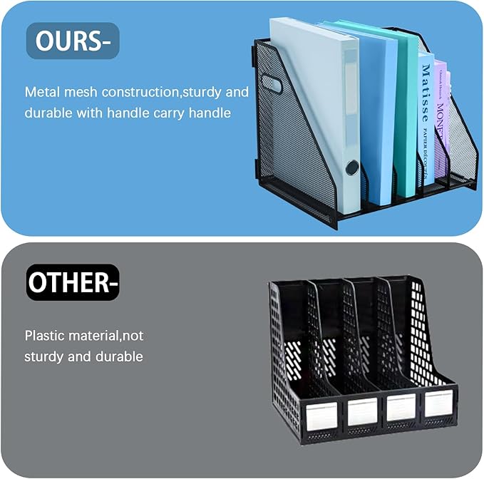 Desk Organizers Metal Magazine File Holder Racks Desktop Folder Storage Binder Organiser Document Organization for Home Office & Classroom,5 Vertical Compartments
