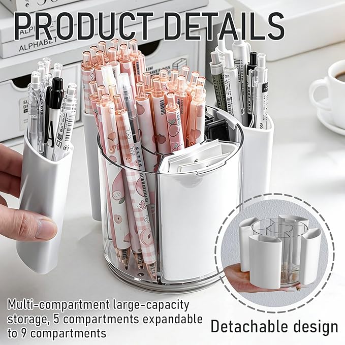 360 Rotating Plastic Desk Pen Organizer, Rotating Detachable Desk Organizer, Multi Compartment Pen Holder, 5 Slots Unique Make Up Brushes Cup for Cosmetics, Art Supply, White, 1 Piece