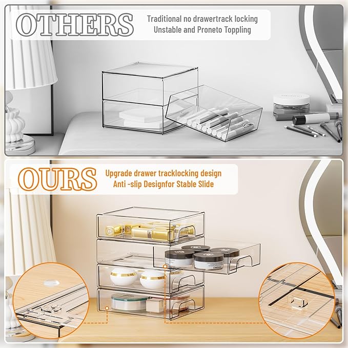 Yieach 2.2'' Tall Acrylic Clear Stackable Storage Drawer Organizer,8 Pack Desk Organization and Storage,Plastic Office Supply Organizer,Drawer Storage Organizer for Makeup,Accessory,Pen,Art Crafts