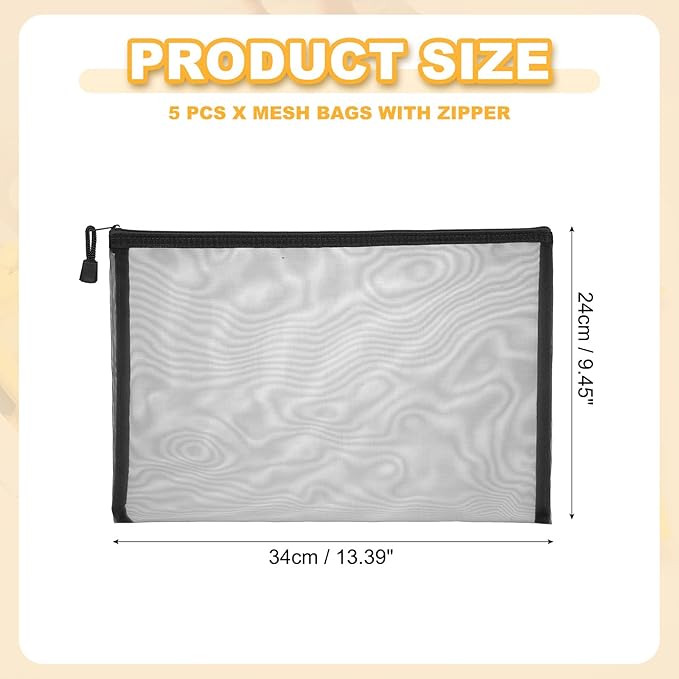 PATIKIL A4 Mesh Zipper Pouch Bags, 5 PCS Mesh Bags with Zipper Plastic Storage Pocket for Organizing File Beads Office Home Supplies, 34x24cm, Black