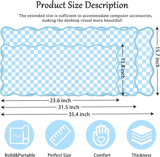 Scalloped Desk Mat Extended Large Cute Mouse Pad Big Desk Pad XXL Aesthetic Kawaii Plaid Mousepad Checkered Mouse Pad for Keyboard Computer Laptop Home Office Accessories Girl 35.4X15.7Inch Blue