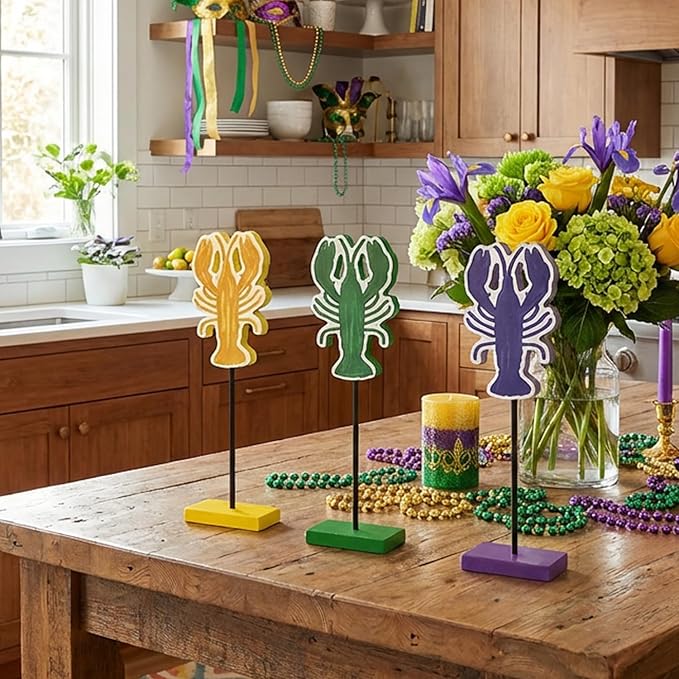 Smile Mardi Gras Wooden Block Decor, Colorful Crawfish Blocks, Mardi Gras Indoor Decoration