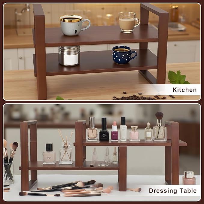Desk Shelf, 100% Solid Wood Adjustable Desktop Bookshelf, No Tools or Nails Required Retro Tabletop Bookshelf, 130lb Load Capacity for Living Room, Office, for Books, Cookbooks, Walnut Colour