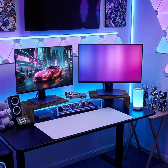 Dual Monitor Riser, Acrylic Monitor Riser with Keyboard Storage, Adjustable Angle & Length Computer Monitor Stand, Wide Desk Shelf for Top of Desk for Home Office_Wood Look