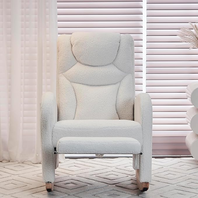 Comfy Rocking Chair Nursery Glider, Upholstered Nursery Chair with Foot Rest, Modern Rocker Chair with Pocket, Accent Armchair with Smooth Rocking Base for Nursing, Reading, Relaxing (Ivory Teddy)