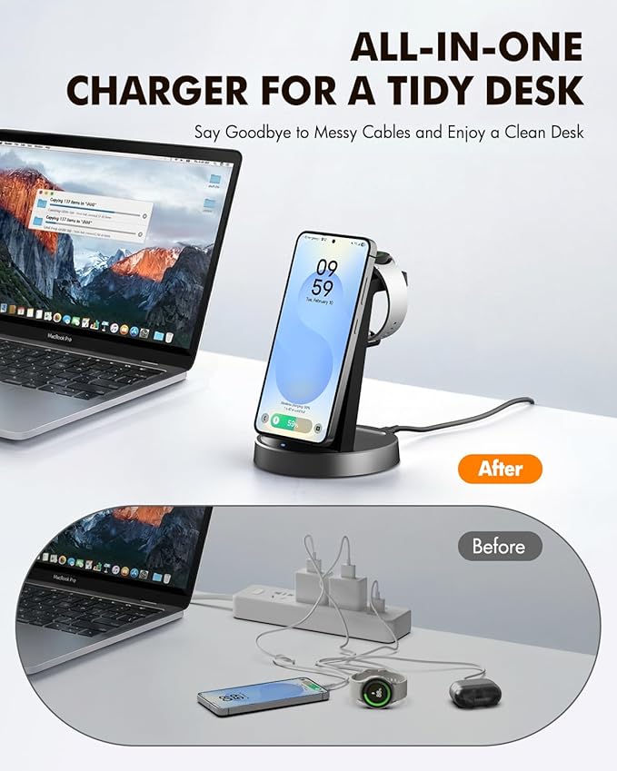 Wireless Charger for Samsung, 3-in-1 Charging Station for Samsung S26/S25/S24/S23/S22, Note 20/10, Z Fold 6/5, Galaxy Buds 4/3/2 Pro, Galaxy Watch Ultra/8/7/6/5-Android Phone and Watch Stand