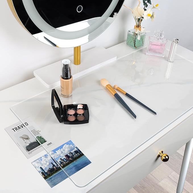 Makeup Mat for Vanity Top 27.6 x 11.8 in, PVC Desk Mat - Easy to Clean, Waterproof & Oilproof Vanity Accessories - Clear