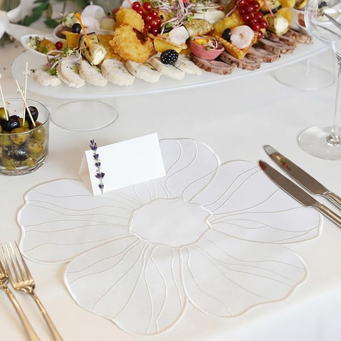 Moukeren Set of 6 Elegant Floral Placemat 16'' Flower Shaped Place Mat Flower Embroidery Table Mat for Wedding Bridal Shower Baby Shower Tea Party Kitchen Dining Table Decor(White)
