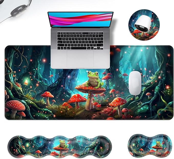 Ergonomic Mouse Pad Set with Wrist Support for Keyboard and Wrist Rest for Mouse, Memory Foam Comfort, Non-Slip Large Desk Mat for Home Office Pain Relief,Aesthetic Mushroom and Frog