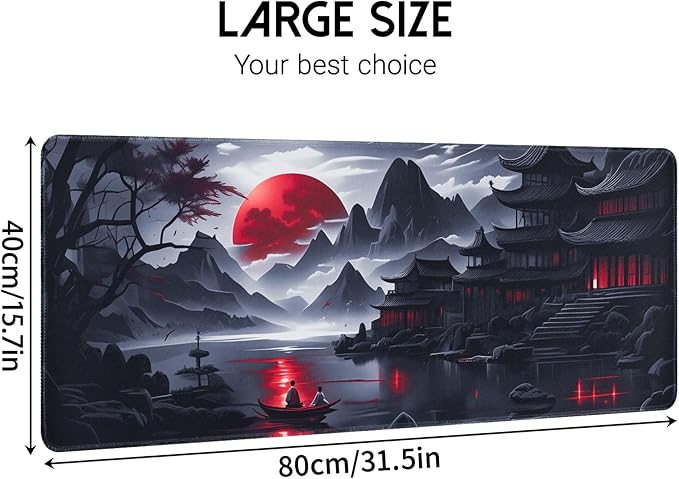 FreeNook Large Gaming Mouse Pad, Anime Black Mousepad with Stitched Edges, Expanded Cool Desk Mat, Japanese Red Moon XL Keyboard Mat Suitable for Home Office,31.5 X 15.7 Inch