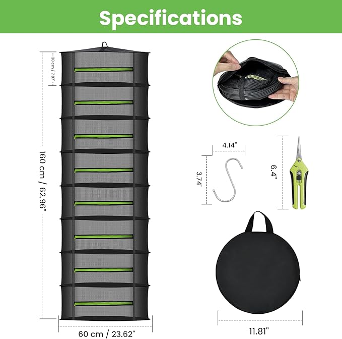 MEKOLIFE Herb Drying Rack Hanging-8 Layer, Collapsible Large Capacity Mesh Net with Green Zipper, Hooks & Bonus Garden Scissors, for Fresh Herbs/Flowers/Plants, Indoor Outdoor Use (23.62")
