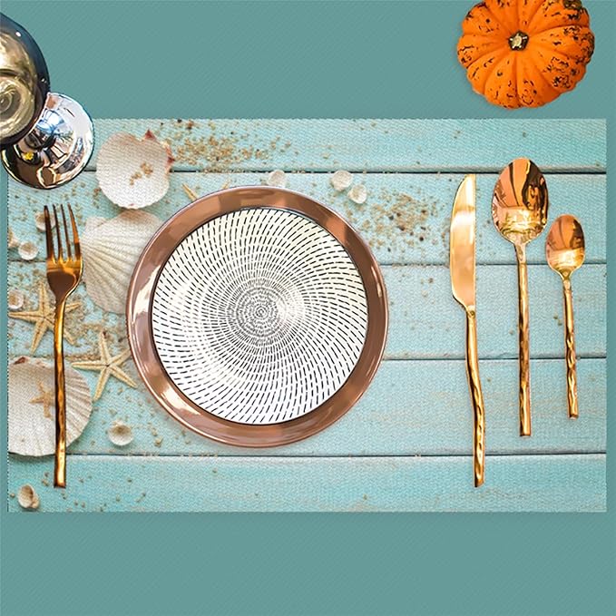 Placemats Set of 4 Heat-Resistant Rectangle Place Mats Beach Summer Teal Washable Plastic PVC Dining Table Mat Non-Slip Wipeable Woven Vinyl Placemat for Kitchen Patio Table Decor