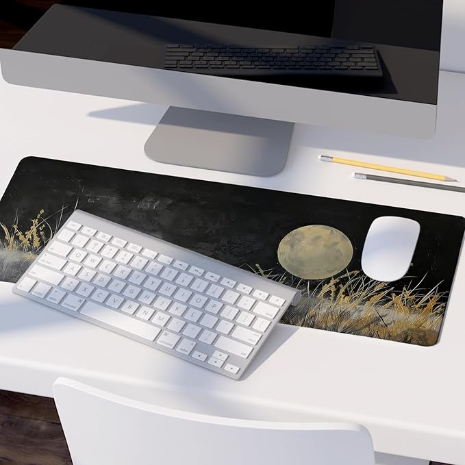 Vintage Gold and Black Full Moon Wilderness Mouse Pad,Aesthetic Dark Night Nature Scenery Desk Mat,Rustic Cottagecore Grassland Mousepad for Home Office Dorm Desktop Decor,31.5x11.8 Inch
