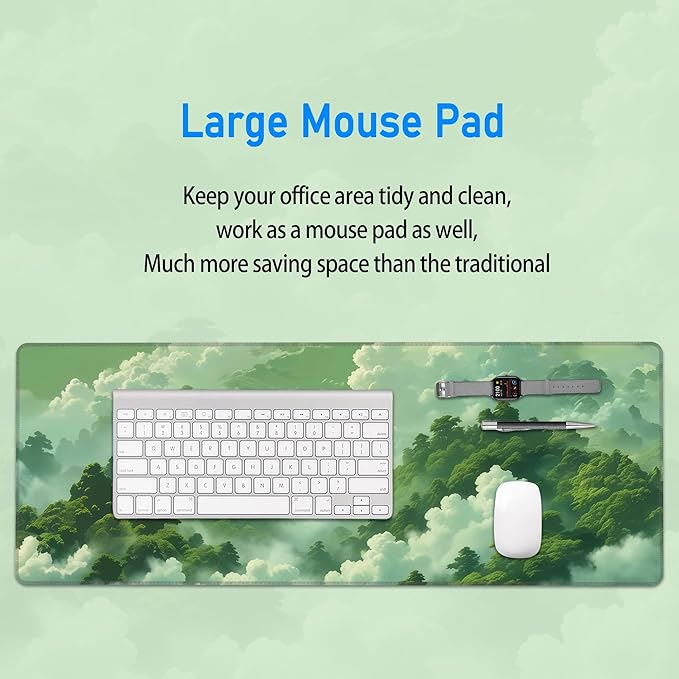 Green Forest Mouse Pad,Large Misty Mountain Nature Mousepad,Extended Gaming Gentle Aesthetic Office Desk Decor Mouse Mat with Non-Slip Base and Stitched Edge,31.5 x 12in