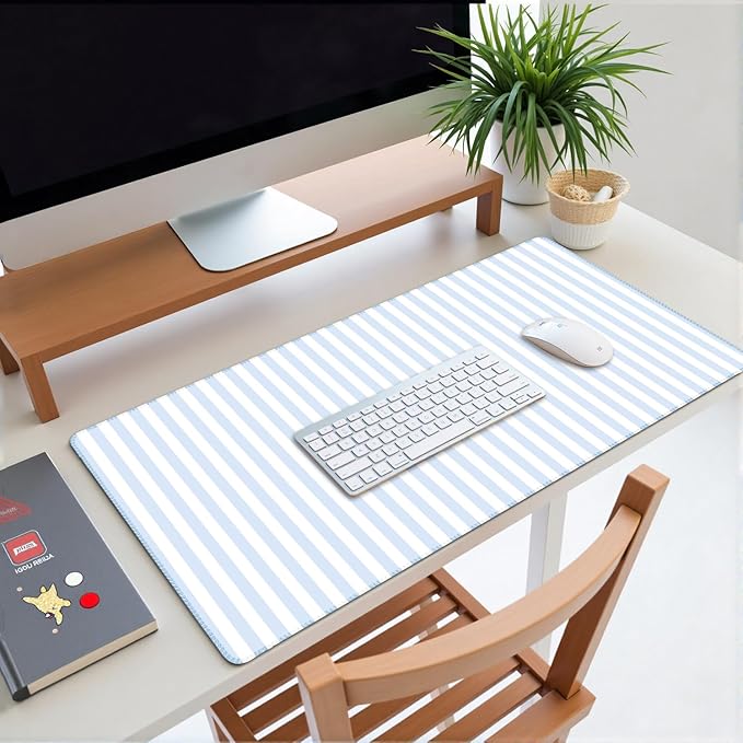 Blue Striped Desk Mat Cute Pastel XXL Large Gaming Mouse Pad Desk Pad Kawaii Aesthetic Home Office Decor Cozy Keyboard Laptop Computer Mat