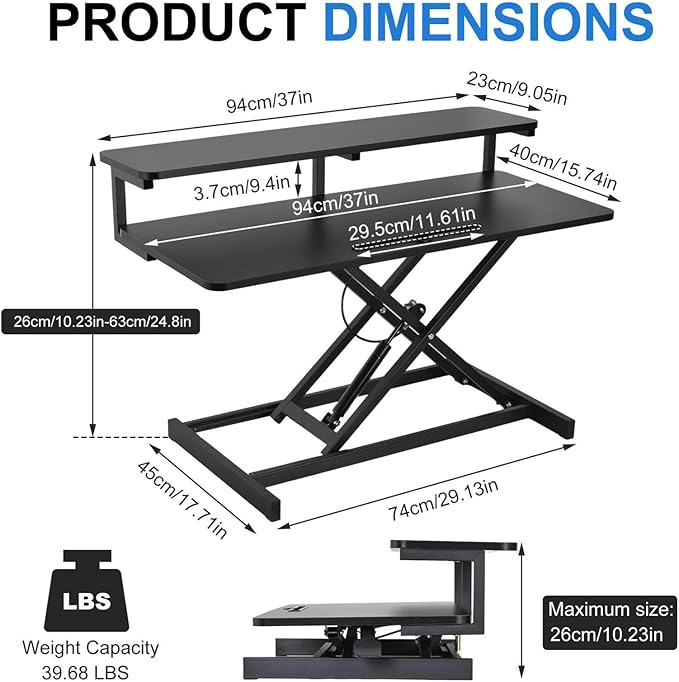 Ergonomic Desk Riser for Standing Height Adjustable Standing Desk Converter 10.2-24.8" 33 Lbs Capacity U-Shapeds Top & Keyboard Tray for Home Office Black