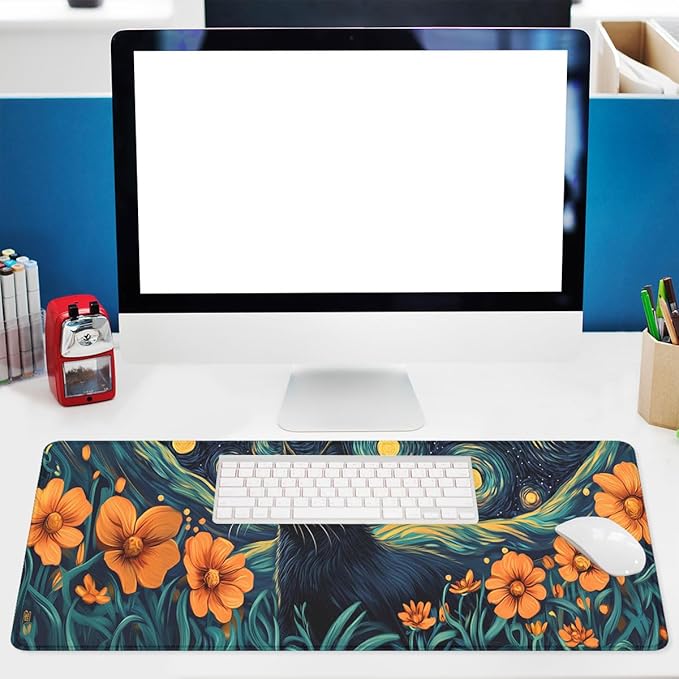Cat Desk Pad Mouse Pad Mystic Starry Night Floral Modern Art Extended Gaming Mouse Pad Mat with Stitched Edge Non-Slip Base Big Mousepad 31.5"x11.8"
