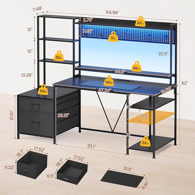 UPOSOJA Gaming Desk with Hutch, 65in Reversible Computer Desk with Power Outlets LED Light, Home Office Desk with Monitor Stand 2 Drawers 4 Storage Shelves Pegboard 8 Hooks Mouse Pad (Black)
