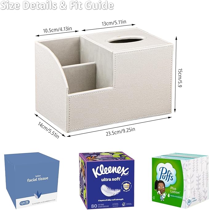 Square Tissue Box Cover with Storage, PU Leather Cube Tissue Box Holder, Remote Control Nightstand Organizer, Modern Desk Caddy for End Table, Bathroom, Bedroom, Home, Office Decor