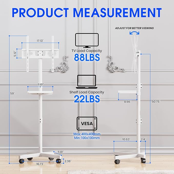 Mobile TV Stand for 23-60 Inch LCD LED OLED Flat Panel Curved Screen TVs up to 88 lbs, Tilt and Height Adjustable, Locking Rolling Wheels TV Cart with Shelf, Max VESA 400x400mm, White
