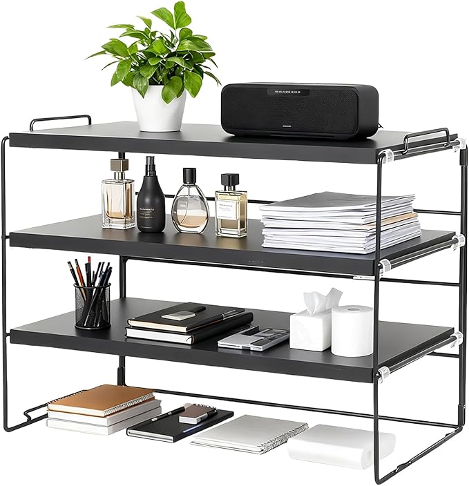 ShellKingdom Desk Shelf Organizer, 3 Tier Desktop Shelves, Adjustable Bookshelf Storage Rack and Office Cubicle Decor for Tabletop, School, Office, Dorm Organization (Black)