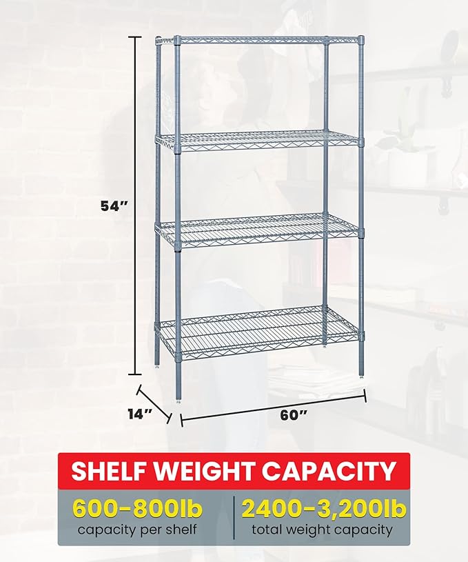 Quantum Storage Systems WR54-1460GY Wire Shelving 4 Shelf Wire Starter Units, 14" x 60" x 54", Gray Epoxy