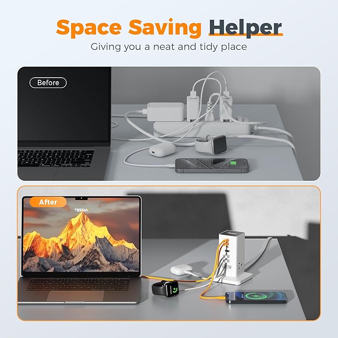 Charging Station for Multiple Devices, TESSAN 9-in-1 USB C Power Strip for iPhone 17/16/15, MacBook, Tablet, Desktop Phone Fast Charger with 3 AC, USB Charger, Home Drom Office Accessories, White-100W