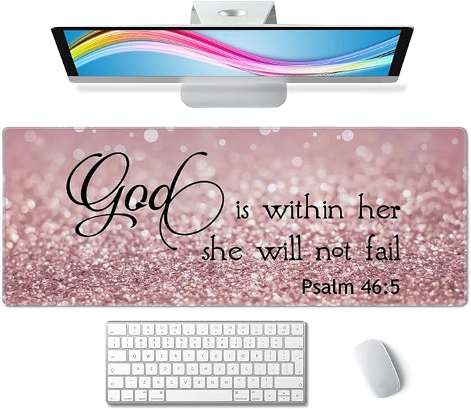 Bible Verse Gaming Mouse Pad Large, Keyboard Mouse Mat Desk Pad, Non-Slip Rubber Base with Stitched Edges Mousepad, 31.5X11.8 inch - Psalm 46:5 God is Within Her,She Will not Fall