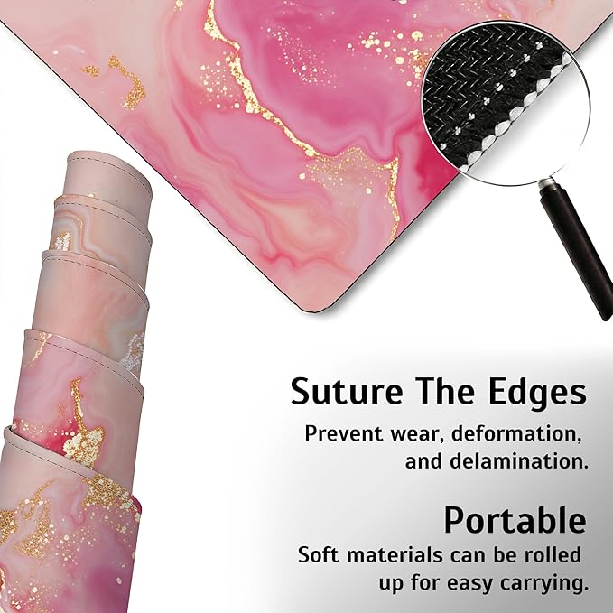 Pink Gold Marble Mouse Pad,35.4 x 15.7 Inch Large Mouse Mat Non-Slip Rubber Stitched Edges for Writing Desk,Office,Home,Laptop