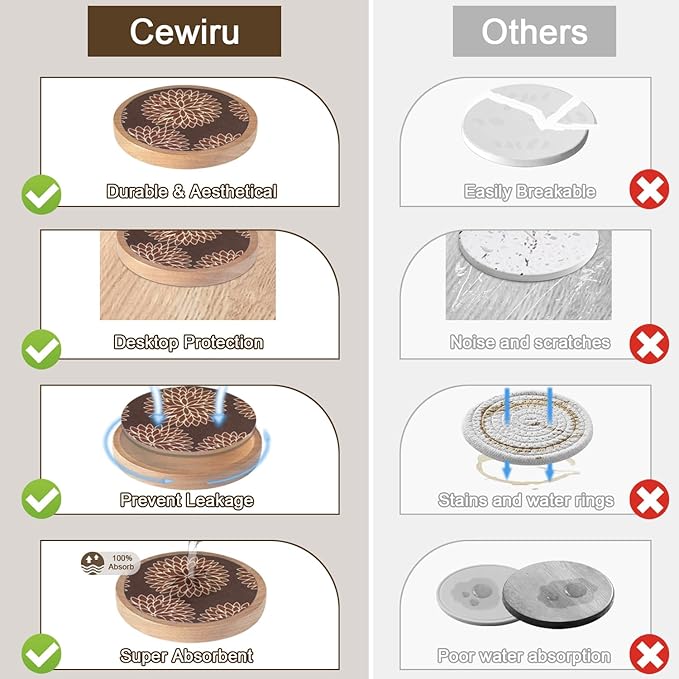 Wood Coasters Set of 6 with Holder, Cewiru Cup Mat for Drinks, Absorbent Coasters with Felt Insert for Coffee Table Protection, Modern Style Home Dining Table Decor, 4.3" Brown