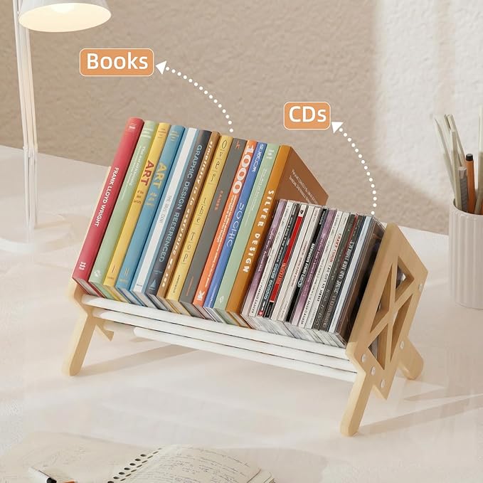 Desktop Bookshelf Organizer, Wood Office Tabletop Book Storage Rack, Tilting Bookcase for Books/CDs/Magazine Display (White)