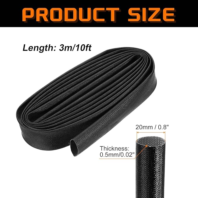 MECCANIXITY 10ft Braided Cable Sleeve, 0.8" ID 200C Heat Resistant 1500V Fiberglass Wire Insulation Cord Protector Organizer Wires Management for Motor Engine Fuel Line, Black