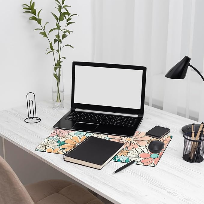70s Inspired Flower Large Extended Gaming Mouse Pad Pink Flower XXL Mousepad Desk Pad for Keyboard and Mouse, Non-Slip Rubber Base Mousepad with Stitched Edges for Office Desk Decor, 31.5 x 15.8 in